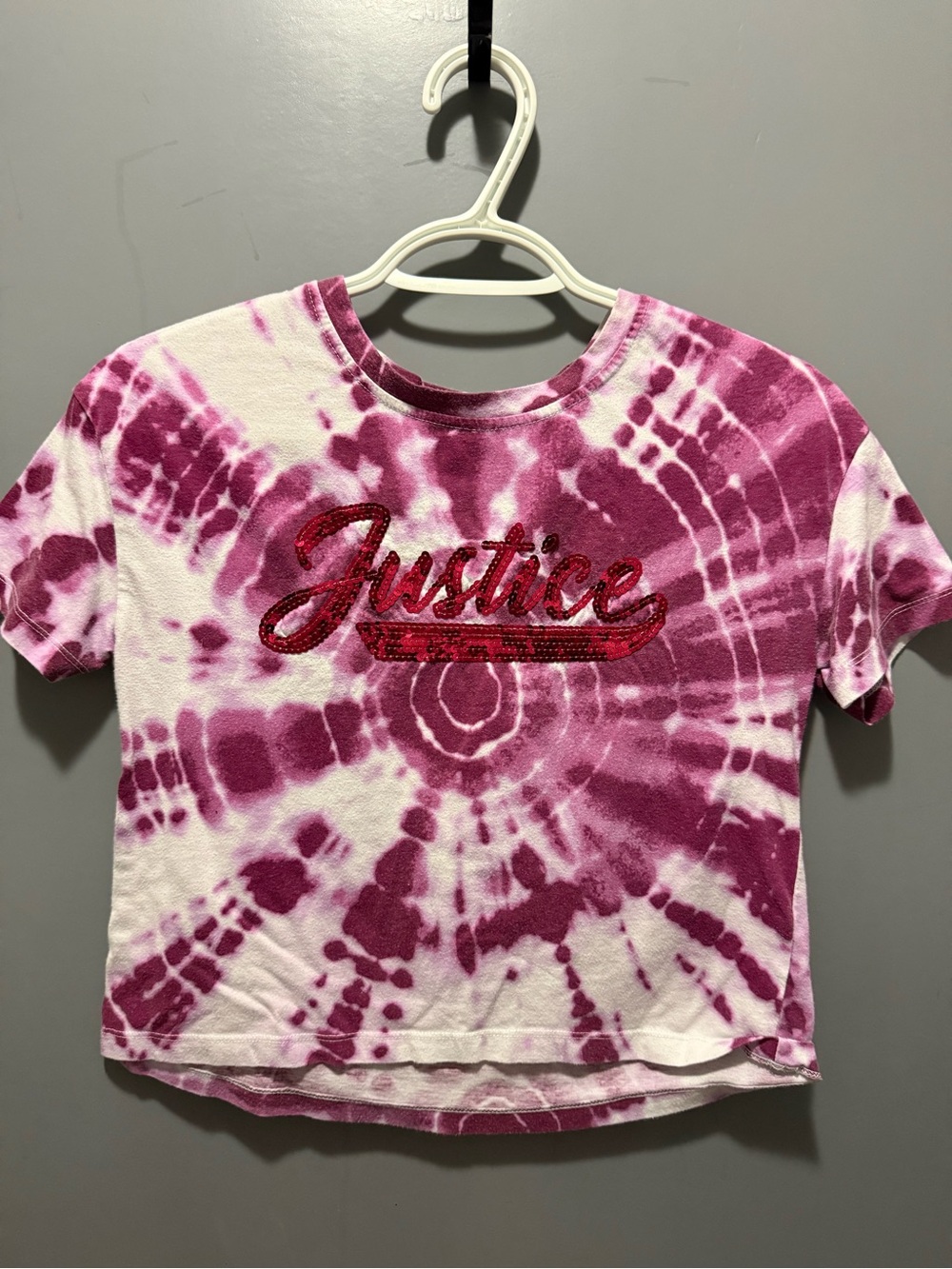 Justice Girls' Magenta Tie-Dye Cropped Tee with Sequin Logo